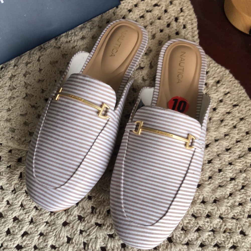 Nautica Tan & White Striped Slip-On Mules with Gold Accent - Picture 9 of 12